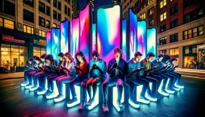 A visually striking image depicting diverse individuals (Caucasian, Black, Hispanic, South Asian) engrossed in their smartphones in a dimly lit urban setting. The scene is illuminated by vivid, neon-like colors emanating from their phone screens, casting a dramatic glow on their faces. In the background, imposing, life-sized smartphone statues with glowing edges loom over the scene, symbolizing the overwhelming influence of digital addiction. The contrast between the bright screens and the darker urban environment creates a powerful and thought-provoking visual narrative.