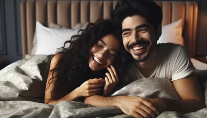 A joyful woman with long, curly hair laughing beside a smiling man with short hair, both lying in bed with patterned bedding in a naturally lit room, sharing a candid moment of happiness.