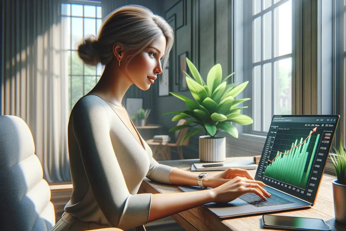 A Caucasian woman focused on her laptop in a brightly lit home office, with a graph showing passive income growth on the screen, surrounded by a vibrant green plant and a sunny window.