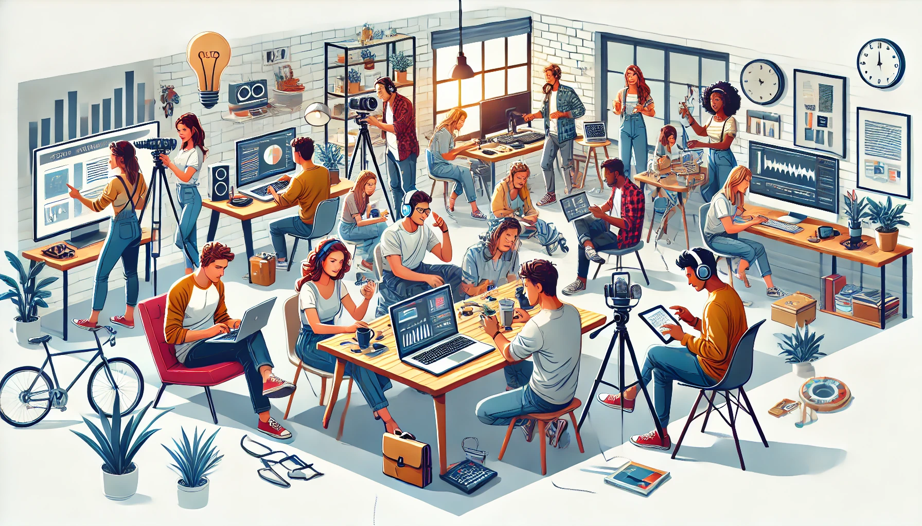 A group of diverse entrepreneurs working on laptops and creative projects, representing no inventory side hustles like digital products, affiliate marketing, and service-based businesses.