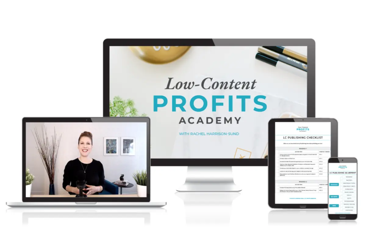 Course preview image for Low Content Profits Academy featuring Rachel Harrison-Sund, digital workbook checklists, and video lessons — used in a Low Content Profits Academy course review.